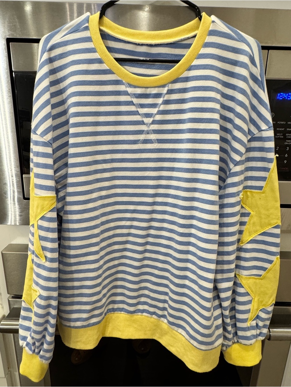 Amazon Blue & White Striped Long Sleeve Top with Yellow Star Accents